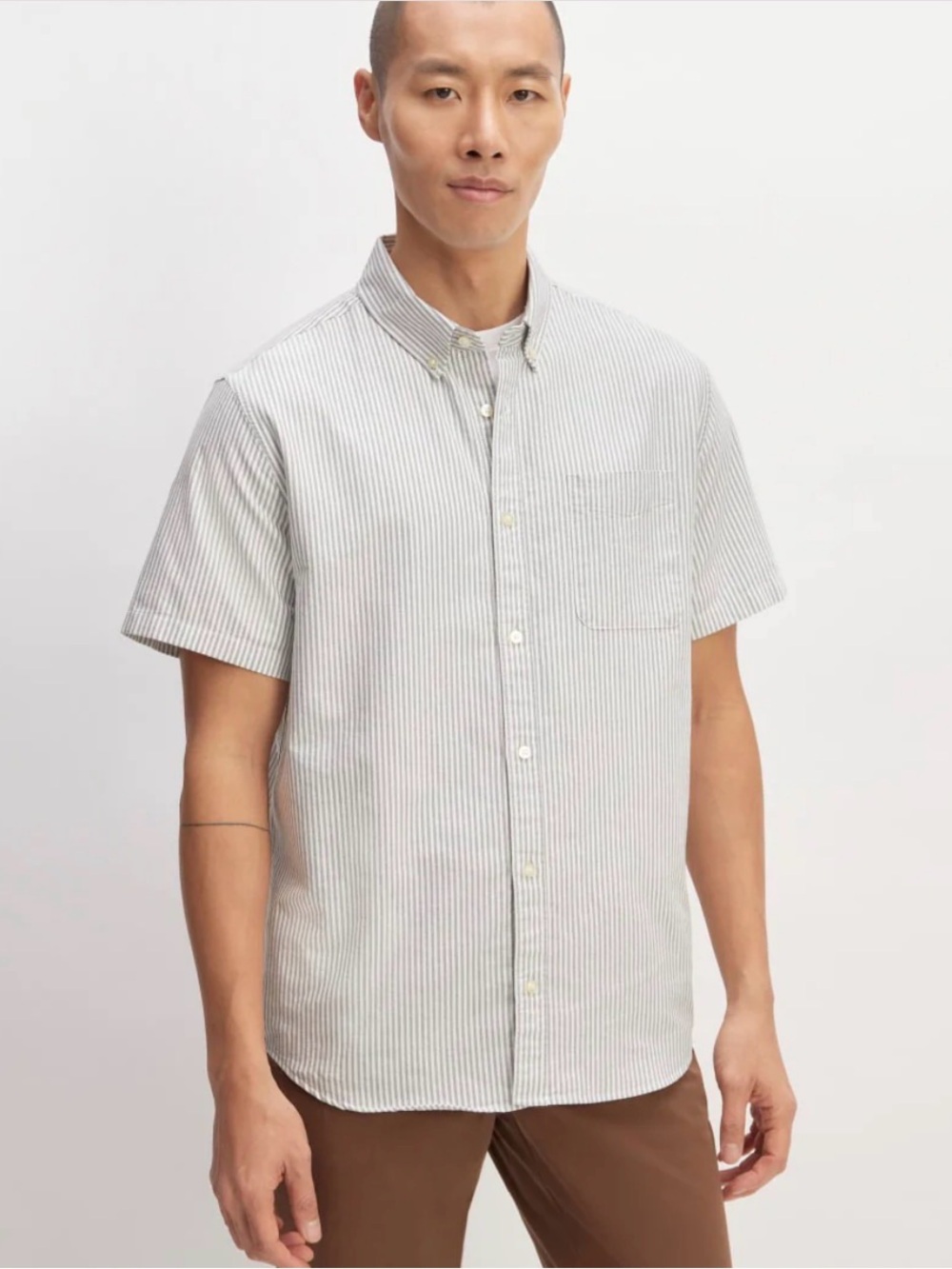 Everlane Short-Sleeve Button-Down Shirt in White and Gray Stripe